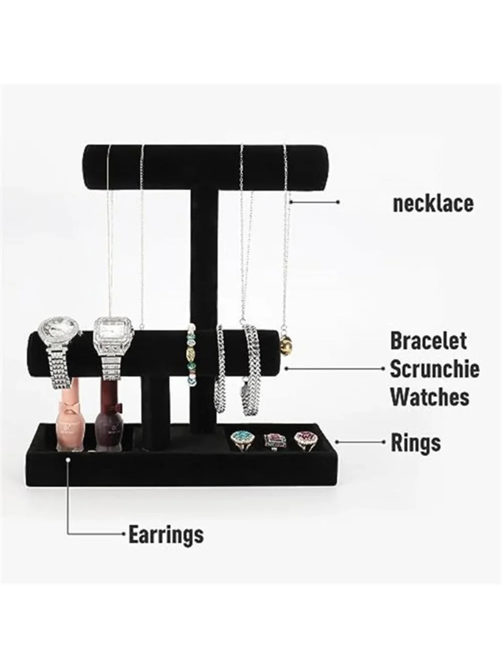 2Tier Jewelry Holder,Necklace Bracelet Organizer Stand (Black) with earring Tray